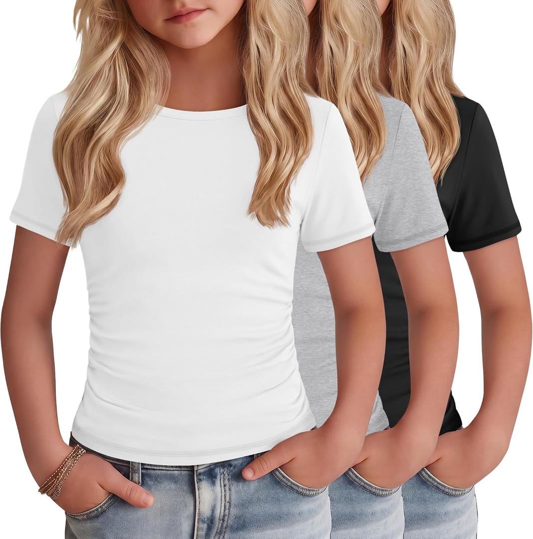 3 Pack Girls Boat Neck Tops | Short Sleeve, Slim Fit, Side Ruched, Casual, Summer, Cute, Basic, Kids, School, Play, for Girls