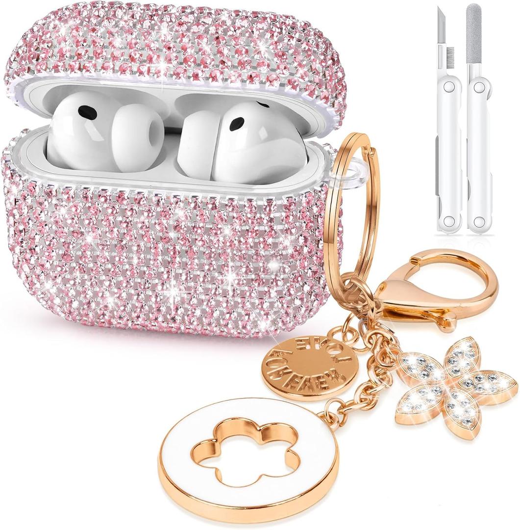 for AirPods Pro 3 Case 2025, Glitter Diamond Case Cover Bling Compatible with Airpods Pro 3rd Generation Case Cute for Women Girly, Includes Cleaning Kit and Keychain (Pink)