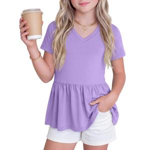 LessonZoo Girl's Short Sleeve Tops Causal Kids Peplum Babydoll Tunic Tees Ruffle Hem Summer Blouses Size 4-15 Years(Taro Purple,7-8 Years)