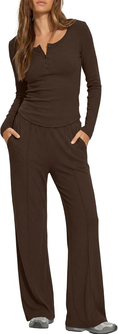 Darong Womens 2 Piece Matching Lounge Sets 2026 Long Sleeve Henley Shirts Wide Leg Pants Airport Travel Outfits (Large, Coffee)