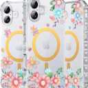 PIXIU Case for iPhone 16 Compatible with Magsafe, Laser Glossy Pattern,Cute Curly Wave Clear TPU Bumper Military Grade Drop tection Phone Cover for Women/Girls -Pink Flower