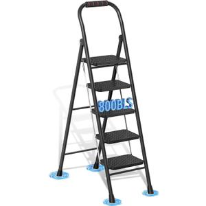 5 Step Ladder, Folding Step Stool with Wide Anti-Slip Pedal & Thick Rubber Feet, Handrail, Safe-Lock Design, Folding Portable Ladder for Multi-Purpose, 800lb, Black