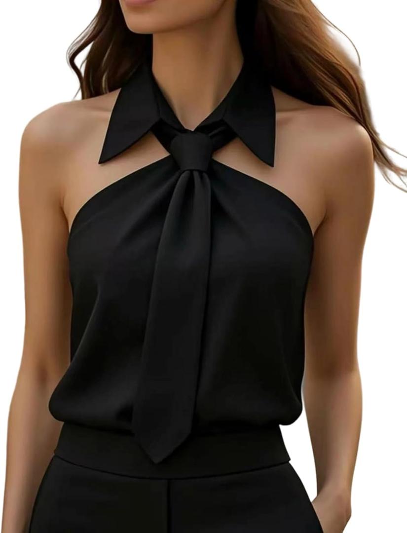 Women Blouse Tie-Neck Halter Sleeveless Shirt Slim Fit Top Off Shoulder Casual Pullover
