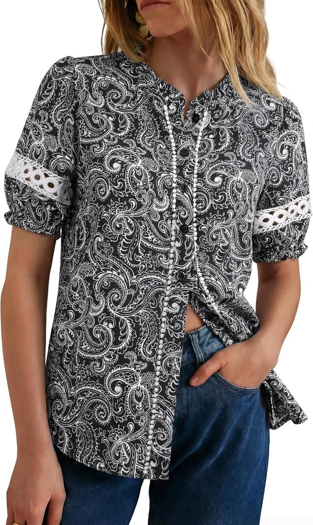 GRACE KARIN Women Boho Floral Tops, Summer Short Eyelet Sleeve Dressy Casual Shirts, Spring Button Down Blouse 2026 Trendy