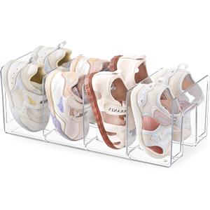 HBlife Clear Acrylic Kids Shoe Rack for Closet Organizers and Storage, Small Shoe Rack 4 Sections Toddler Baby Shoe Storage Organizer Stackable Shoe Shelf,Desk File Sorter Book Purse Organizer(1 Pack)