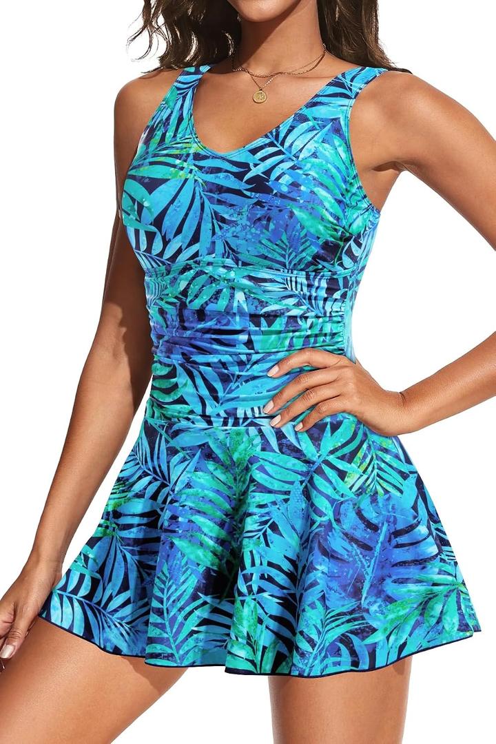 Yonique One Piece Swimsuits for Women Modest Tummy Control Swimdress Vintage Bathing Suits Skirt Swimwear (Blue, L)