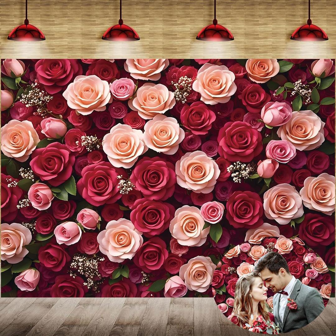 Pink Red Rose Wall Backdrop 7x5FT Flower Wall Photography Background Bridal Shower Wedding Baby Shower Girls Princess Birthday Party Cake Table Banner Decorations