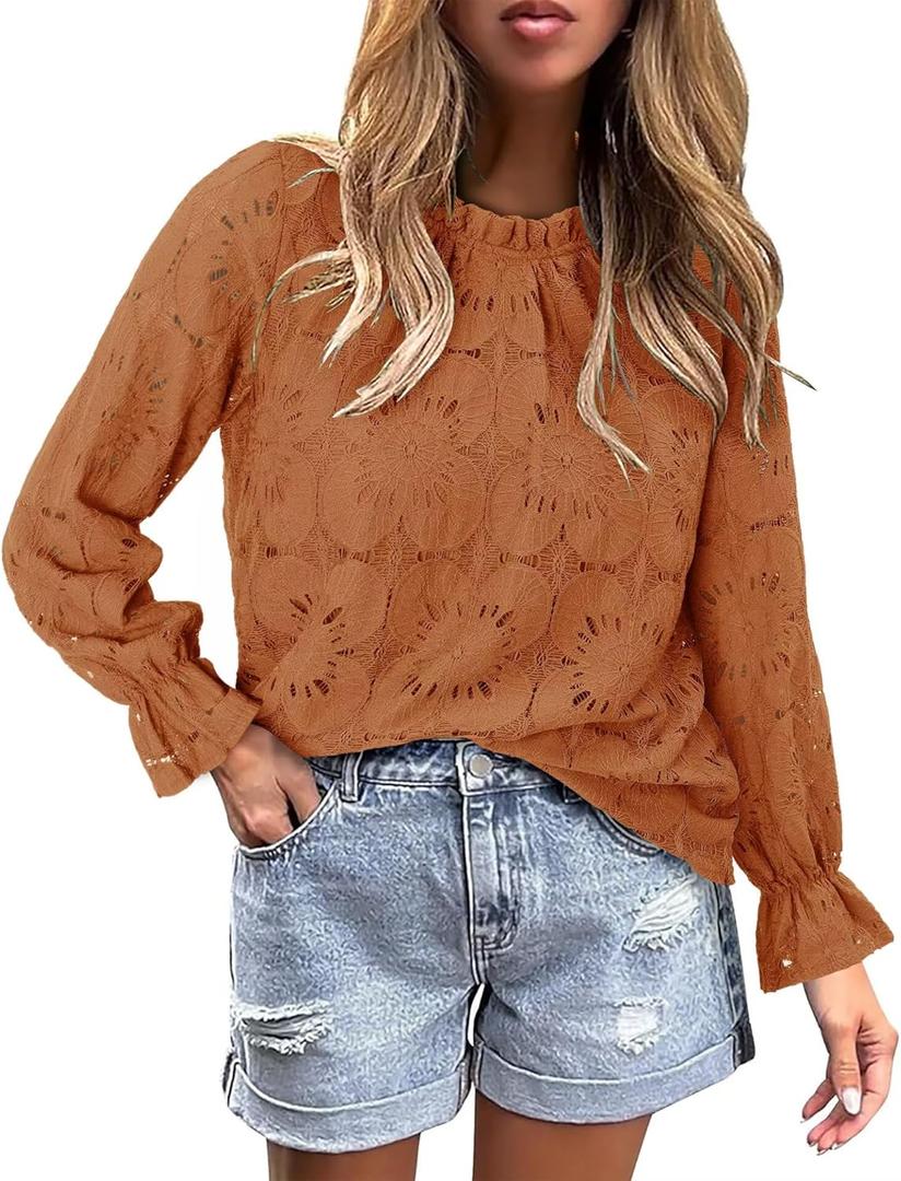 StunShow Women Eyelet Shirts Long Sleeve Shirts for Women Lace Dressy Embroidered Blouses 2025 Fashion Top (Brown, S)