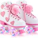 Women's and Girl's Classic Roller Skates with Light up Wheels and Love Heart Pattern, High-top PU Leather Rollerskates (WHITE)
