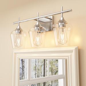 Bathroom Light Fixtures, 3-Light Vanity Lights, Clear Glass Shade, Over Mirror, Nickel (3-Light-Silver)