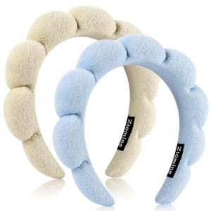 Ztomine Spa Terry Cloth Headband Combo Pack - 2 Puffy Makeup Facial Headbands for Face Washing and Masks (Beige + Blue)