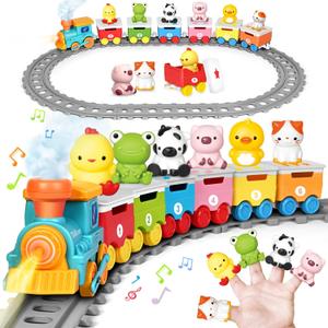 Learning Toy for Toddlers 1-3, Electric Toys Trains with Lights, Music & Steam, Counting, Matching & Sorting Montessori Toy with 6 Animal Finger Puppets, Birthday Xmas Gifts for Baby Boys Girls 12-18M