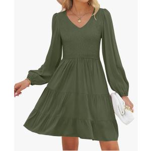 ZESICA Women's Casual V Neck Long Sleeve Smocked High Waist Ruffle A Line Tiered Mini Dress M
