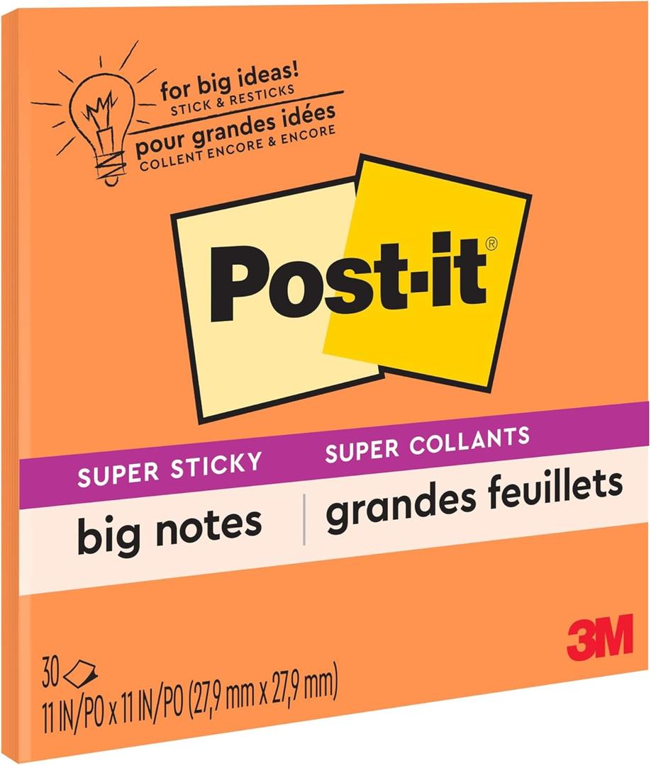Post-it Super Sticky Big Notes, 11 in x 11 in, 1 Pad, 2X The Sticking Power, Neon Orange (BN11O) (Pack of 6)