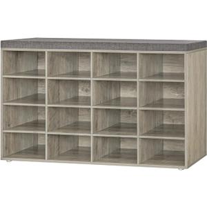Shoe Storage Bench with Cushion, 16-Cubby Shoe Rack with Seat