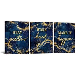 LevvArts Inspirational Wall Art Stay Positive Work Hard Make It Happen Office Wall Decor Motivaional Encouraging Canvas Prints Blue and Gold Pictures Decoration (Blue)