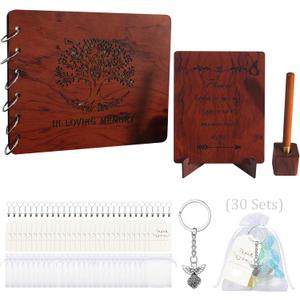 Funeral Guest Book Wooden Guest Books for Memorial Service Celebration of Life in Loving Memory Guest Sign Book Set -Included Table Sign,Pen, Angel Keychain and Thank You Card