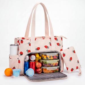 Sadnyy Cute Strawberry Corduroy Insulated Lunch Tote Bag for Women 15.6 Inch Laptop Work Bag with Insulated Lunch Compartment Large Cup Holder for Nurse Travel Office Daily Picnic