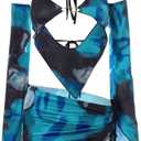 3 x CAPE CLIQUE Women Marble Print Halter Backless Dress Split Long Sleeves Sexy Slim Fit Mini Dress Cool-Street Skirt Suit Blue (Blue)