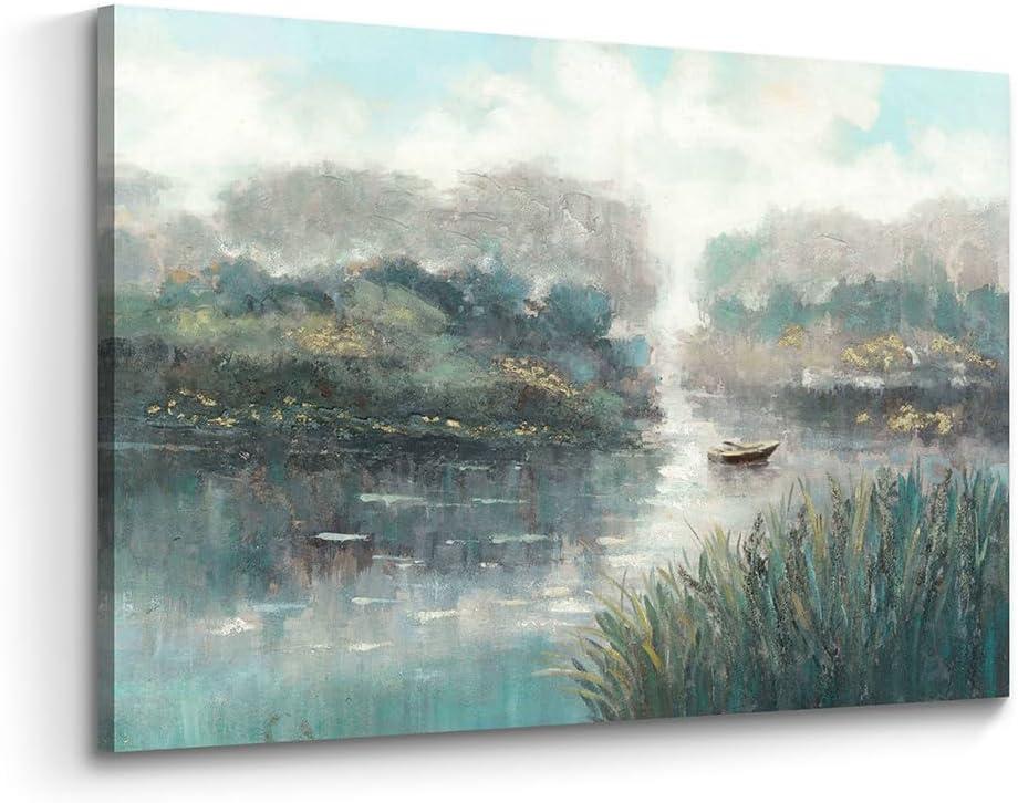 the stream design Landscape Lake Canvas Wall Art: Hand Painted Nature Scene Painting Picture Calming Forest Boat Print Decor Gold Foil Textured Artwork for Bedroom Living Room