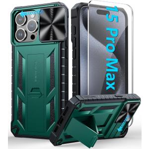 FNTCASE for iPhone 15 Pro-Max Case: Military Grade Protective Rugged Shockproof Cell Phone Cover with Kickstand & Slide | Heavy Duty Drop Protection Tough Cases for 15 Pro Max 6.7'' - Green