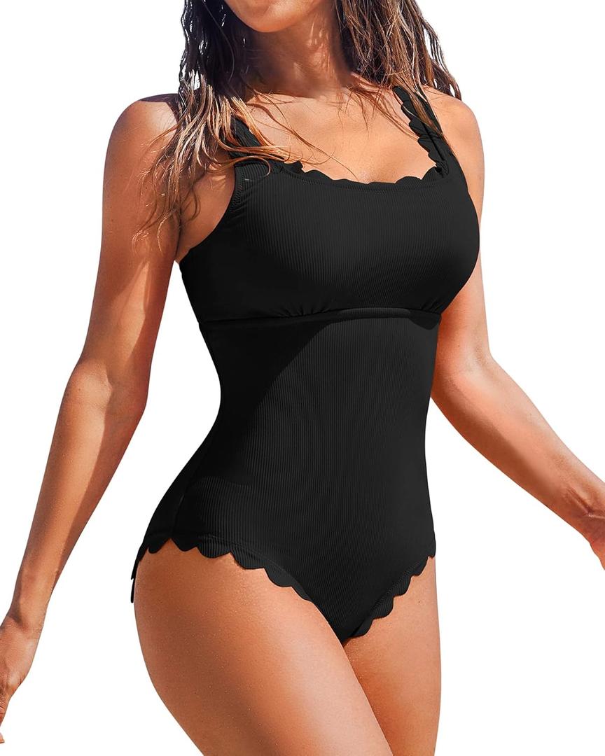 Charmo Womens Scalloped Ribbed One Piece Swimsuits Retro Square Neck Modest Bathing Suits (Medium, Black)