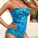 Yonique Womens Strapless One Piece Swimsuit Tummy Control Bandeau Bathing Suits Slimming Twist Front Swimwear (Blue, M)