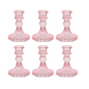 Glass Candlestick Holder,Striped Taper Candle Holders,Set of 6 Candle Stand for Table Centerpieces, Home Decor,Weddings,Festival and Parties (Pink Dimond)