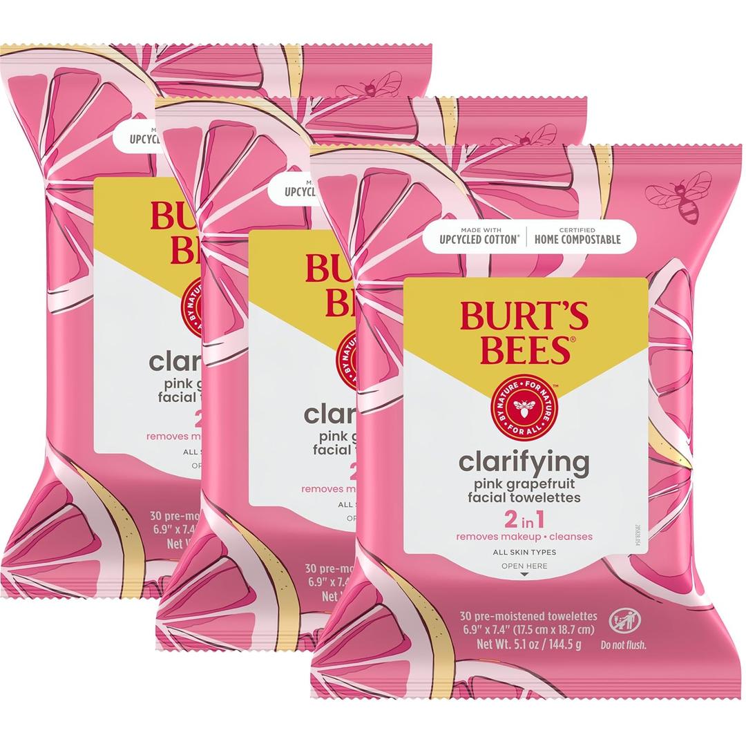 Burt's Bees Pink Grapefruit Face Wipes, for All Skin Types, Hydrating Makeup Remover & Facial Cleansing Towelettes, 30 Ct. (3-Pack) (90 Count (Pack of 1))