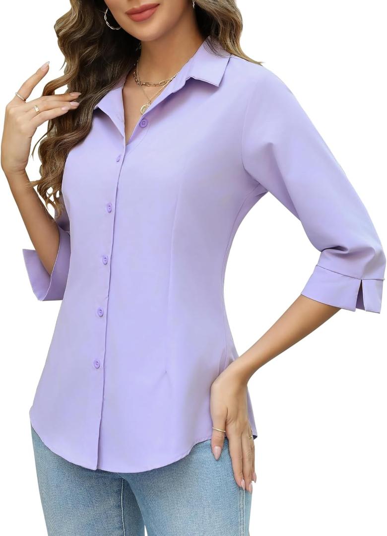 HOTOUCH Women Button Down Shirts 3/4 Sleeve Basic Business Dress Shirt Slim Fitted Classic V Neck Button Up Work Blouse Tops (Medium, Purple)
