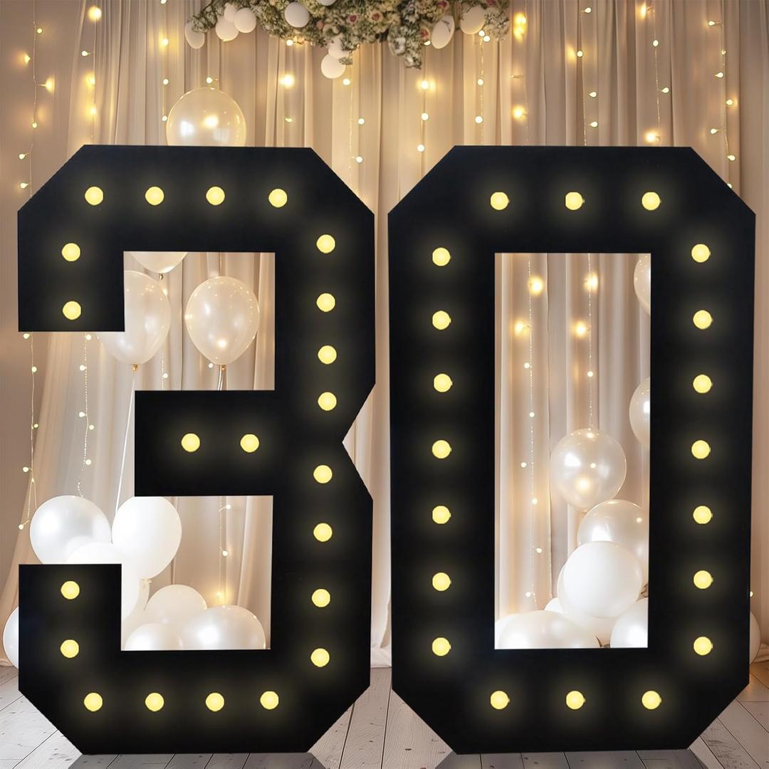4FT Marquee Light Up Numbers, Black Giant Marquee Number Big Mosaic Number for 30th Birthday Party Decorations Backdrop 30 Anniversary Decor, Pre-Cut Frame Large Number 30