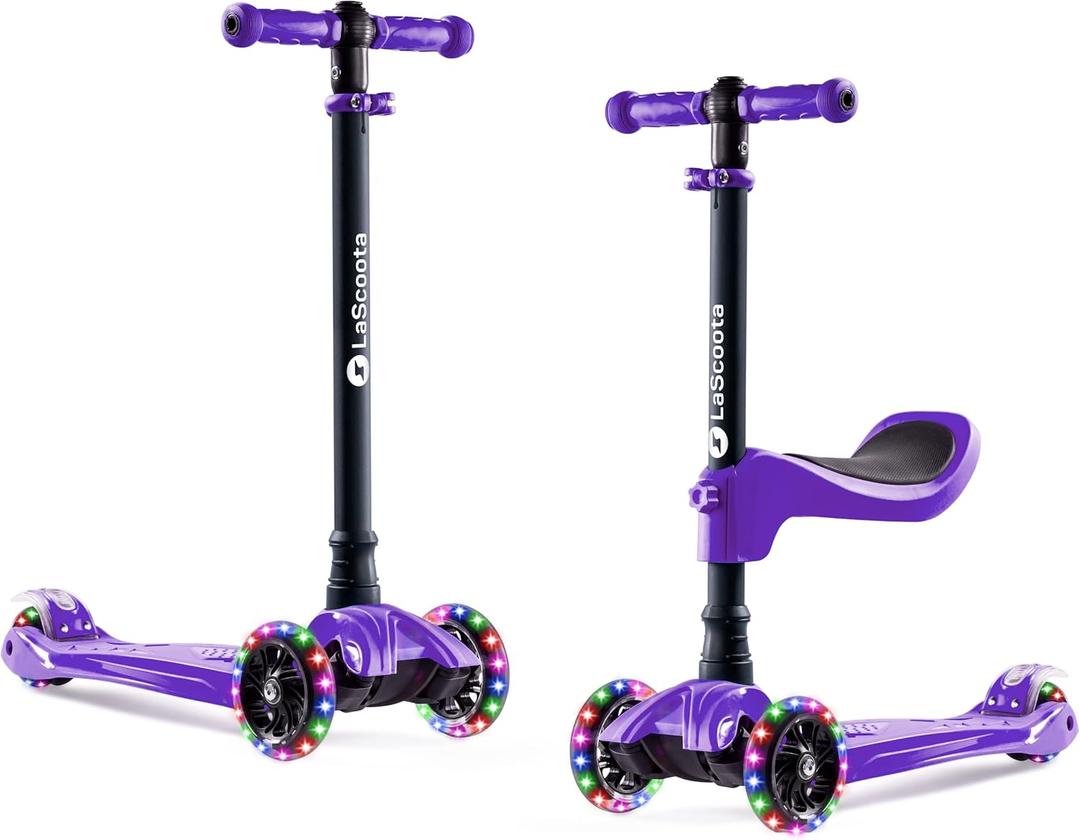 LaScoota 2-in-1 Kids Kick Scooter, Adjustable Height Handlebars and Removable Seat, 3 LED Lighted Wheels and Anti-Slip Deck, for Boys & Girls Aged 3-12 and up to 100 Lbs. (Purple)