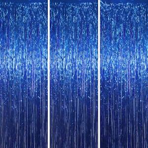Voircoloria 3 Pack 3.3x8.2 Feet Blue Foil Fringe Backdrop Curtains, Tinsel Streamers Birthday Party Decorations, Fringe Backdrop for Graduation, Baby Shower, Gender Reveal, Disco Party