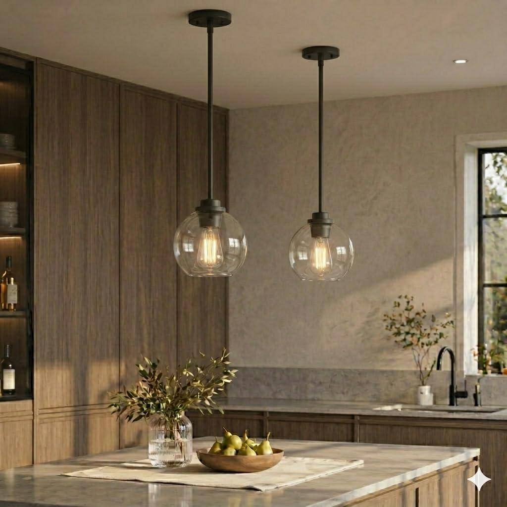 Pendant Light 7 Inch Modern Hanging Fixture with Clear Glass Globe & Matte Black Finish, Adjustable Iron Rods & Sloped Ceiling Compatible for Kitchen Island Dining Room Bedroom Hallway, 2 Pack