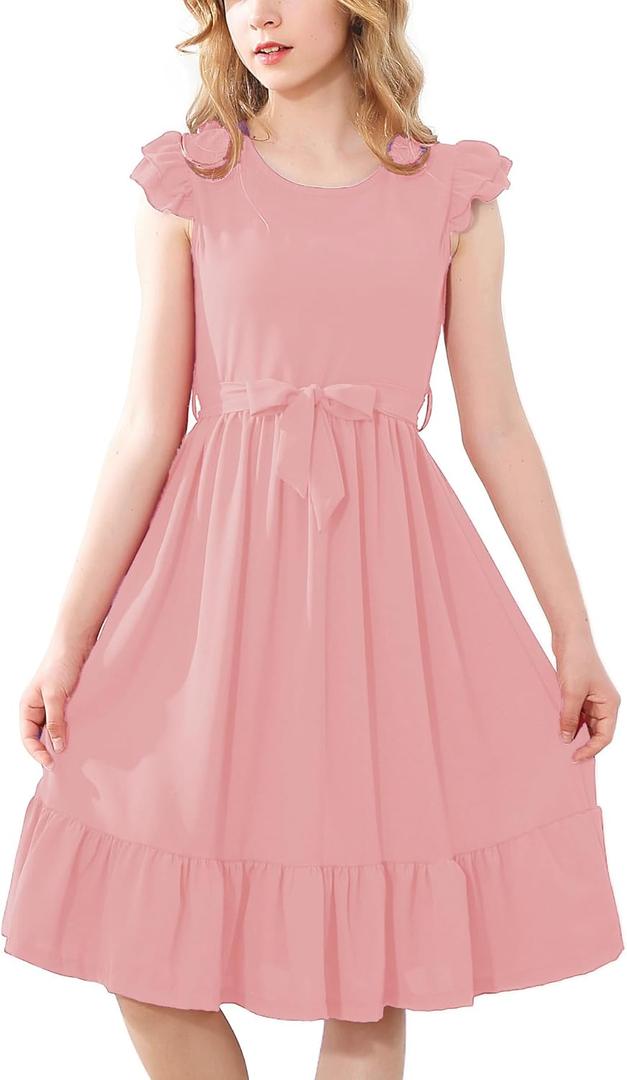 RETSUGO Girls Dresses Ruffle Sleeve Dress Flutter Hem A-Line Swing Pleated Tiered Casual Solid Color Party Dress 6-14 Years (12-13 Years, Pink)