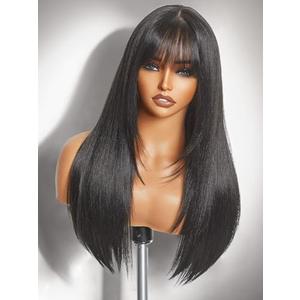 GORGIUS Glueless Wig with Bangs Natural Black Straight Layered Hair Ready-to-Go Synthetic Bang Wigs with Realistic Scalp 24 Inch