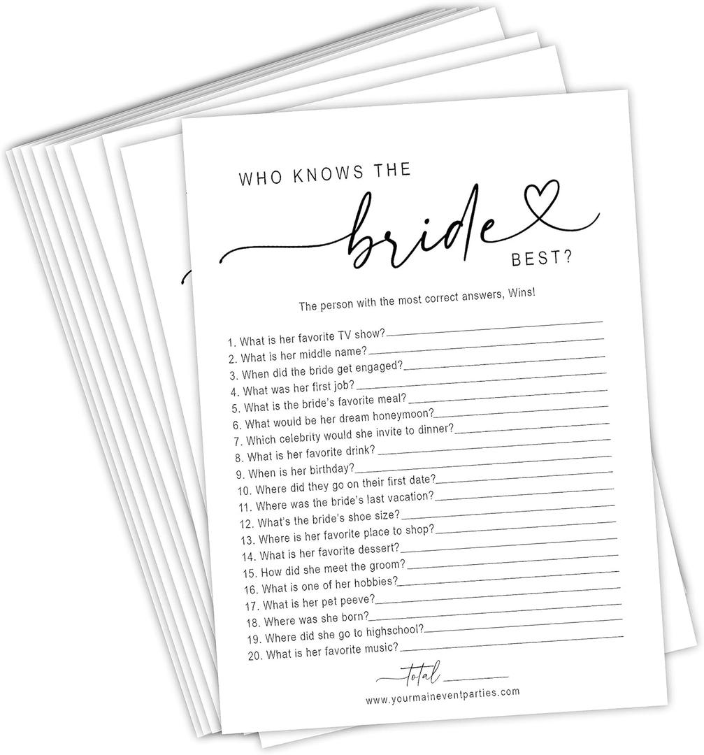 Your Main Event Prints Bridal Shower Games Who Knows The Bride Best, Fun Activities for Weddings, Bridal Showers and Bachelorette Parties (White)