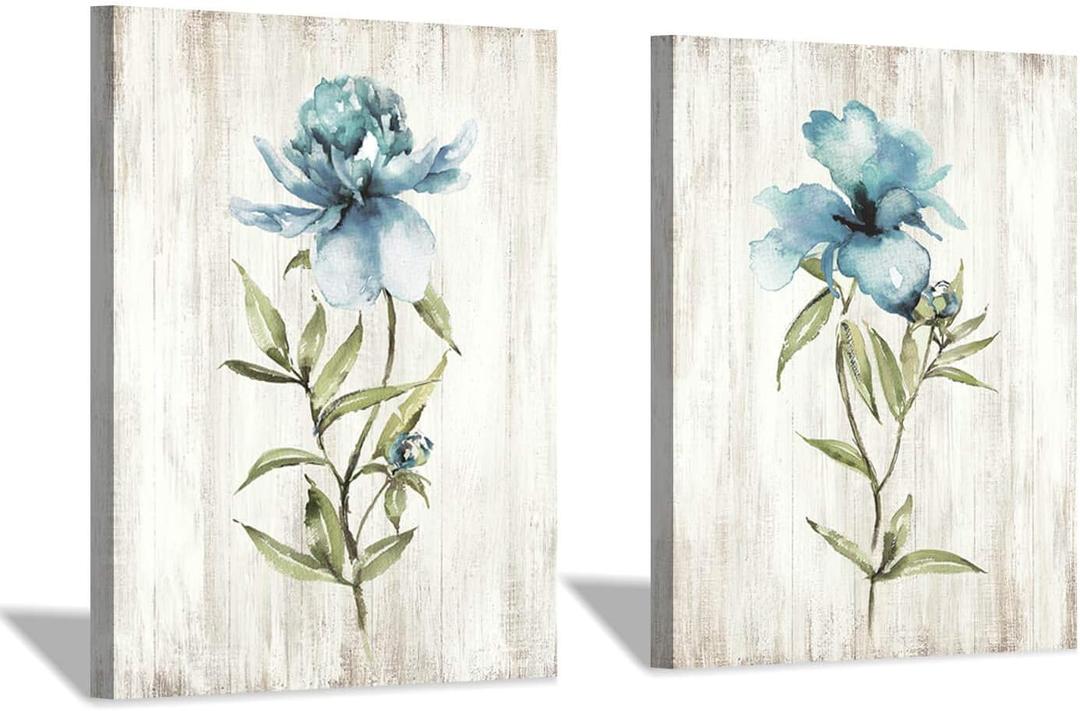 Flower Painting Canvas Wall Art: Blue Botanical Floral Artwork Wildflower Picture Print for Living Room (12'' x 16'' x 2 Panels)