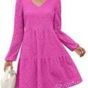 ANRABESS Long Sleeve V Neck Dresses for Women Eyelet Hollow Out Business Casual Tiered 2026 Fall Mini Dress with Pockets Hot Pink X-Large