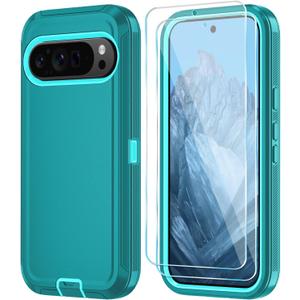 Qinmay Phone Case for Google Pixel 9/9 Pro Case with HD Screen Protector, Heavy Duty Shockproof & Dropproof 3-Layer Cover Phone Case for Pixel 9/9 Pro,LakeSkyBlue