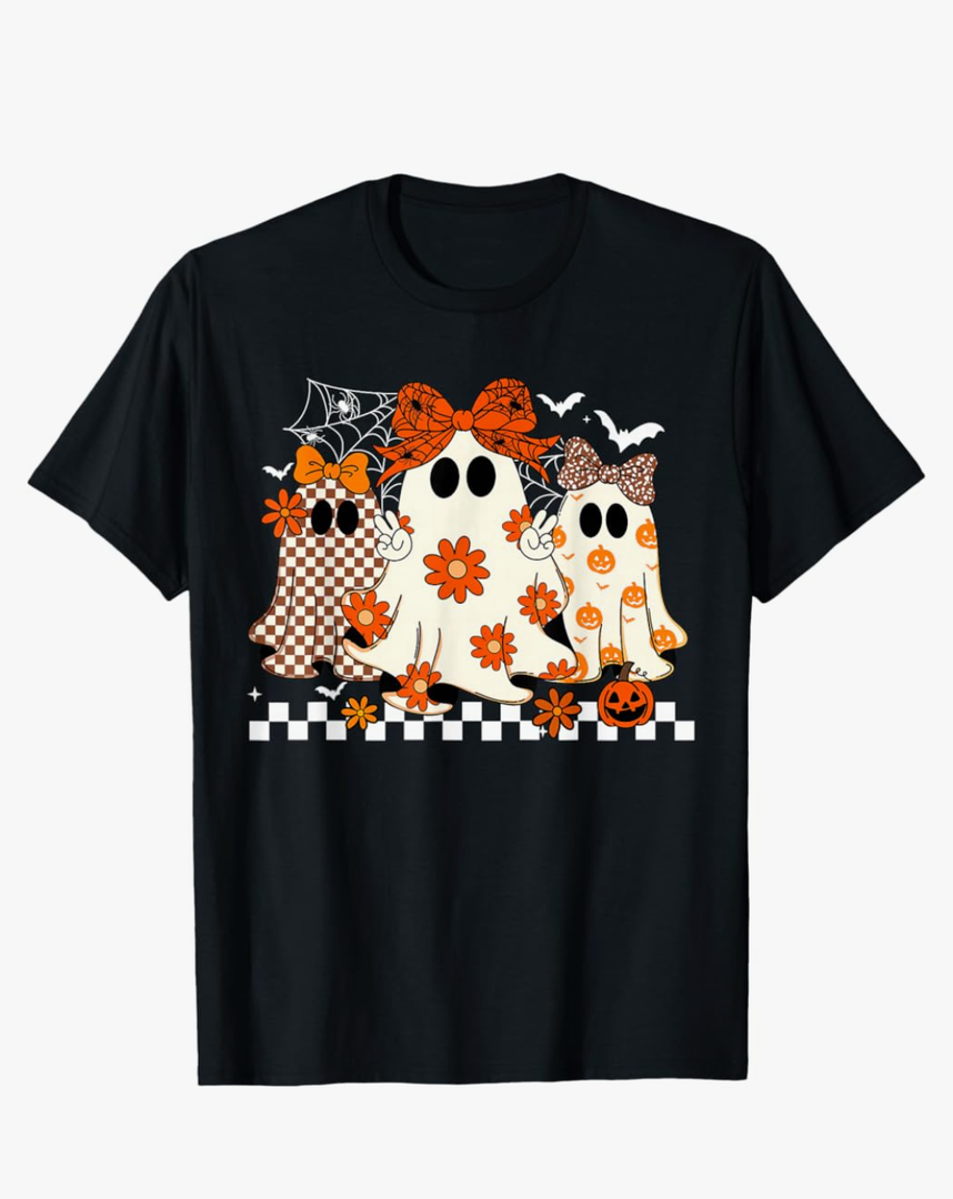 Happy Halloween Cute Ghost Flower Coquette Bow Spooky Season T-Shirt, Size L