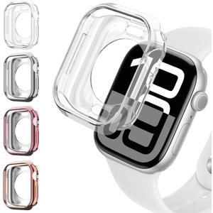 4 Pack Soft TPU Case for Apple Watch Case 46mm 42mm 40mm 44mm 41mm 45mm Series 10 9 8 7 6 5 4 SE/2 Generation Women Men,Ultra Thin Protective Bumper Case Face Cover for iWatch Cover Accessories (01-Clear/Silver/Rose Gold/Rose Pink)
