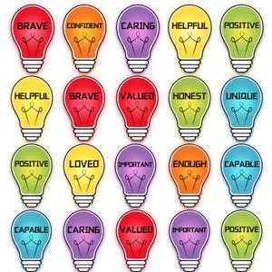 AmazingSpark 36 Pcs Light Bulb Affirmation Bulletin Board Cutouts Set Motivational Positive Colorful Sayings Lightbulb Accents Cutouts for Classroom School Home School Teacher Wall Supply, 6.69 x 6.69 inches