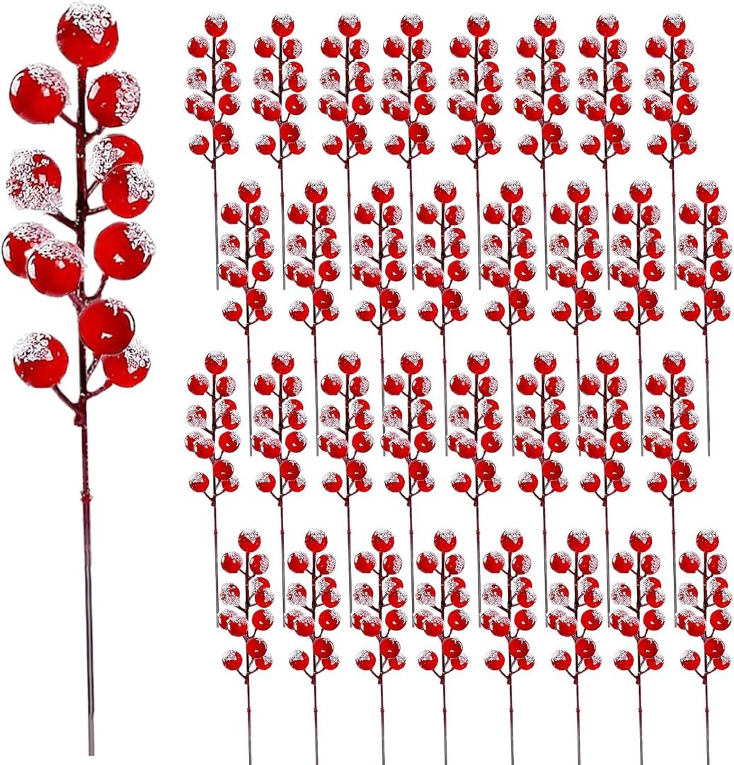 32 Pack Christmas Tree Decoration, 8 Inch Artificial Snowy Red Frosted Berry Stems Christmas Picks Filler for Tree, Holly Berries Christmas Tree Ornaments Xmas Holiday Decor