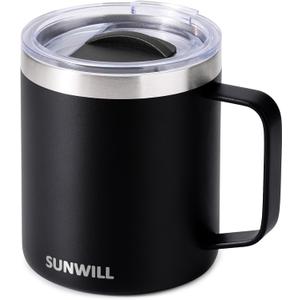 SUNWILL Travel Coffee Mug with Lid, Insulated Tumbler with Handle, 14oz Stainless Steel Cup for Camping, Outdoor, Powder Coated Black