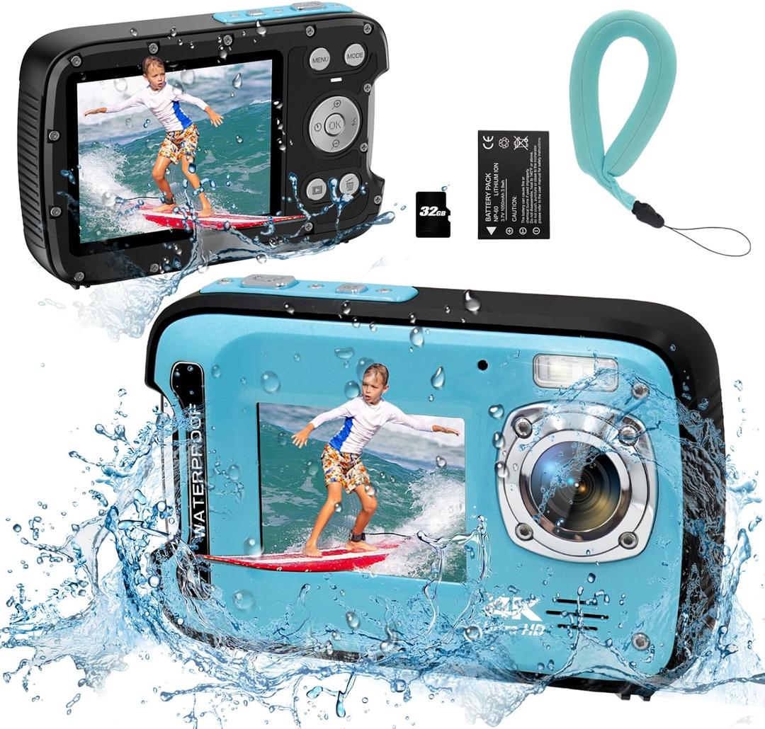 Underwater Camera 4K 48MP Autofocus Selfie Dual Screen Waterproof Camera with Floating Strap and 32GB Card, 17FT Compact Waterproof Digital Camera, Fill Light Underwater Camera for Snorkeling
