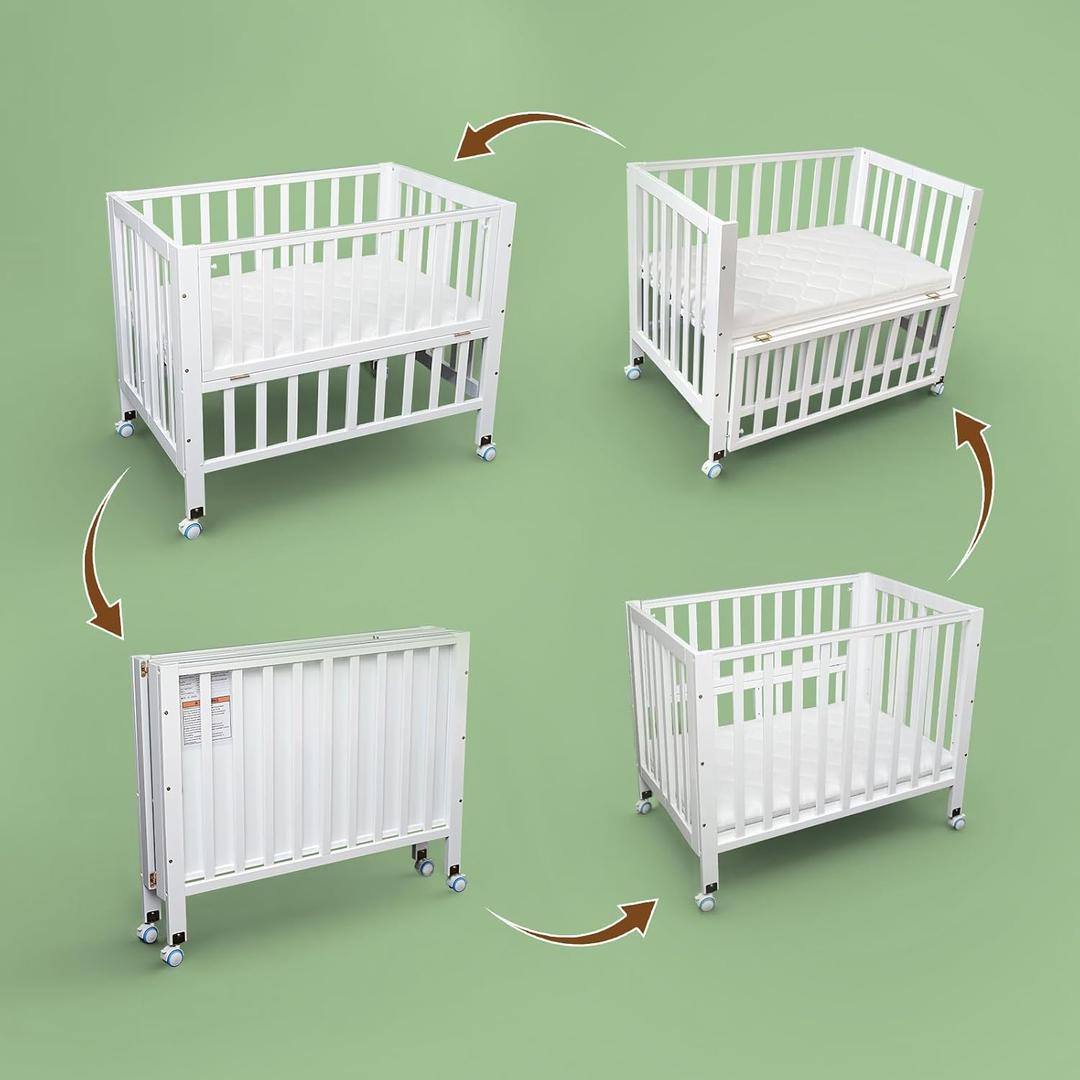 Portable Mini Baby Crib - Pine Wood Foldable 4-in-1 Baby Crib with Mattress,Portable Bedside Bassinet Sleeper,3 Adjustable-Height Baby Cribs for 0-18 Months,White