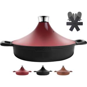 Non-Stick Frying Pan/Skillet 11", 3QT Tagine Pan,Cast Aluminum Pans with Lid, Stove/Oven-to-Table Cookware, Dishwasher Safe& Compatible with All StovetopsBlack Red