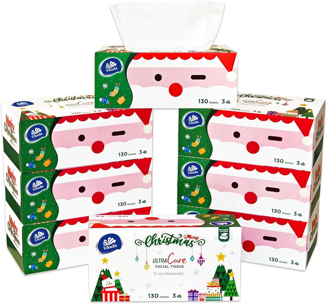 Vinda 3-Ply Premium Facial Tissues, Christmas Edition  Festive Holiday Boxes, 130 Tissues/Box, 8 Flat Boxes, Ultra Soft & Gentle for Sensitive Skin, Ideal for Home, Office, or Holiday Gifts