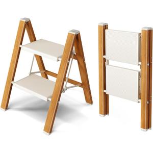 Taranta 2 Step Ladder,Aluminum Lightweight Folding 2 Step Stool with Anti-Slip Wide Pedal, 330lbs Capacity Step Ladder for Household,Kitchen,Office - White Woodgrain
